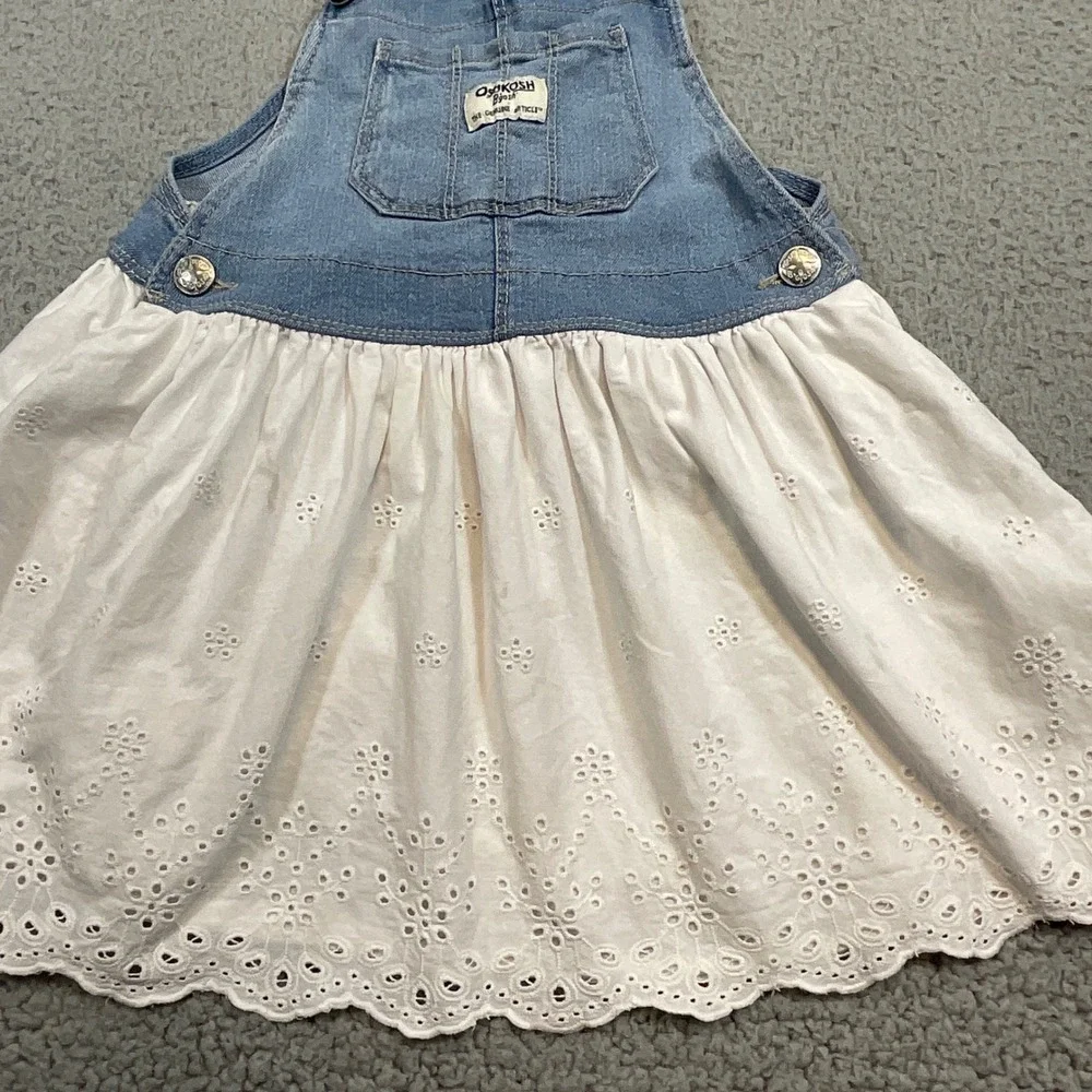 OshKosh B'gosh Overall Dress Kids 4T Blue White Good Eyelet Lace Denim Pinafore